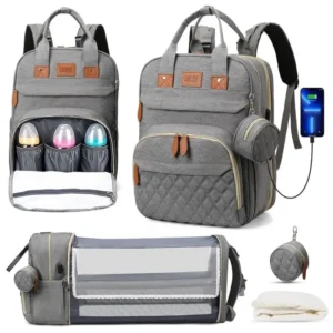 Gray Type 1 - Large Capacity Diaper Bag Backpack with detachable coin purse/key pouch and mosquito netting for the crib section.